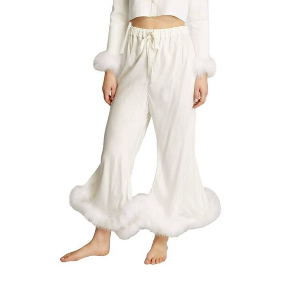 Sleeper White Boudoir Wide Leg Feather Hem Pajama Pants XS/S - Picture 1 of 9